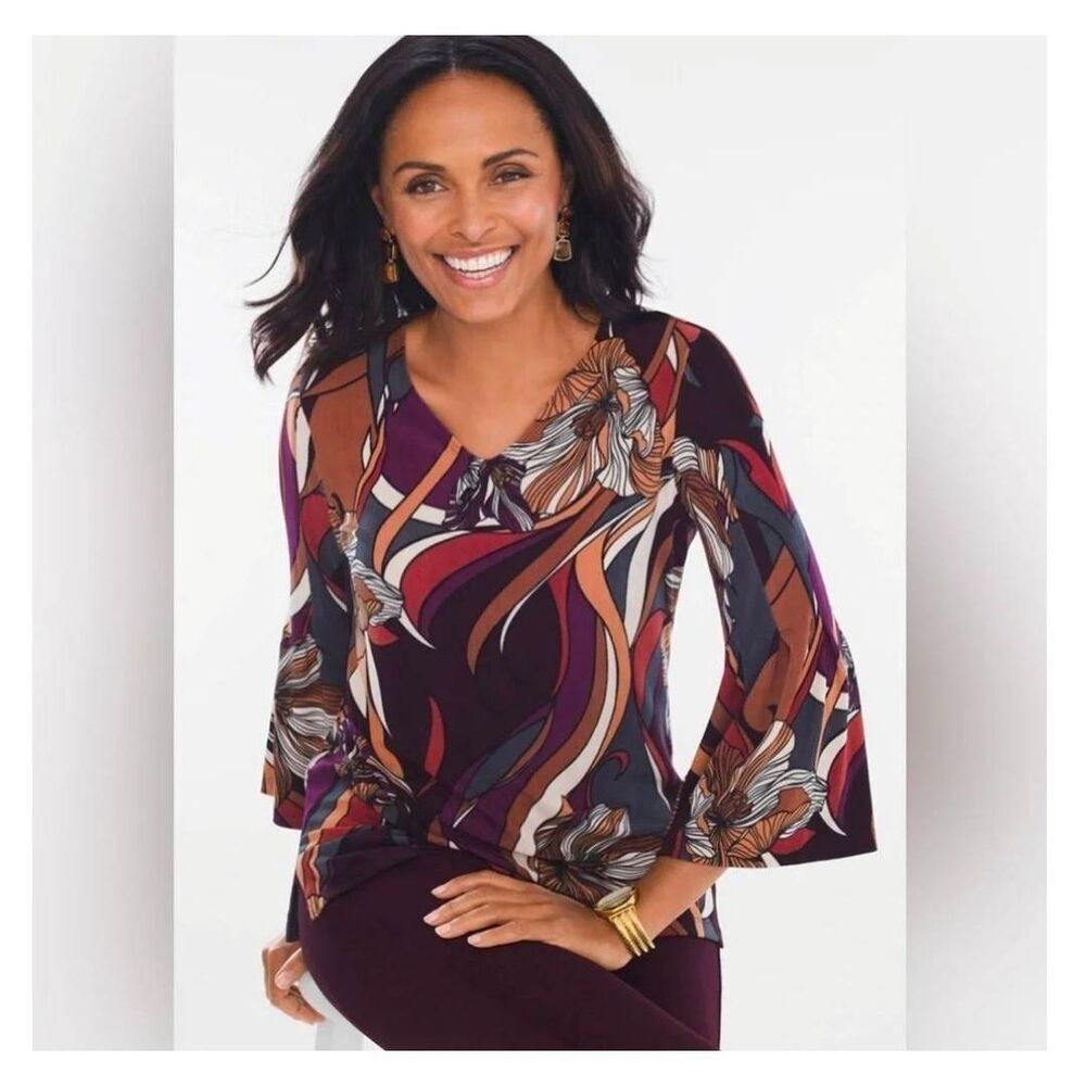 Chico's Travelers Dark Jeweltone Abstract Floral Blouse Top Sz. 2/M